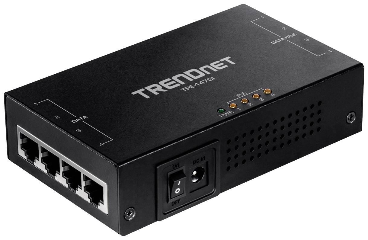 Een zwarte netwerk-switch van het merk TRENDnet met vijf Ethernet-poorten, een aan/uit-knop en twee status-LED's voor voeding en dataverkeer.