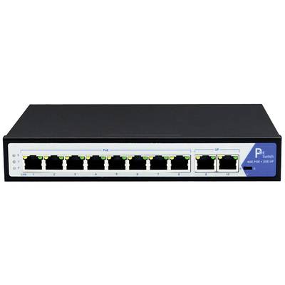 Netwerk-switch met acht Ethernet-poorten, waarvan vier PoE (Power over Ethernet) poorten, in een zwarte behuizing.