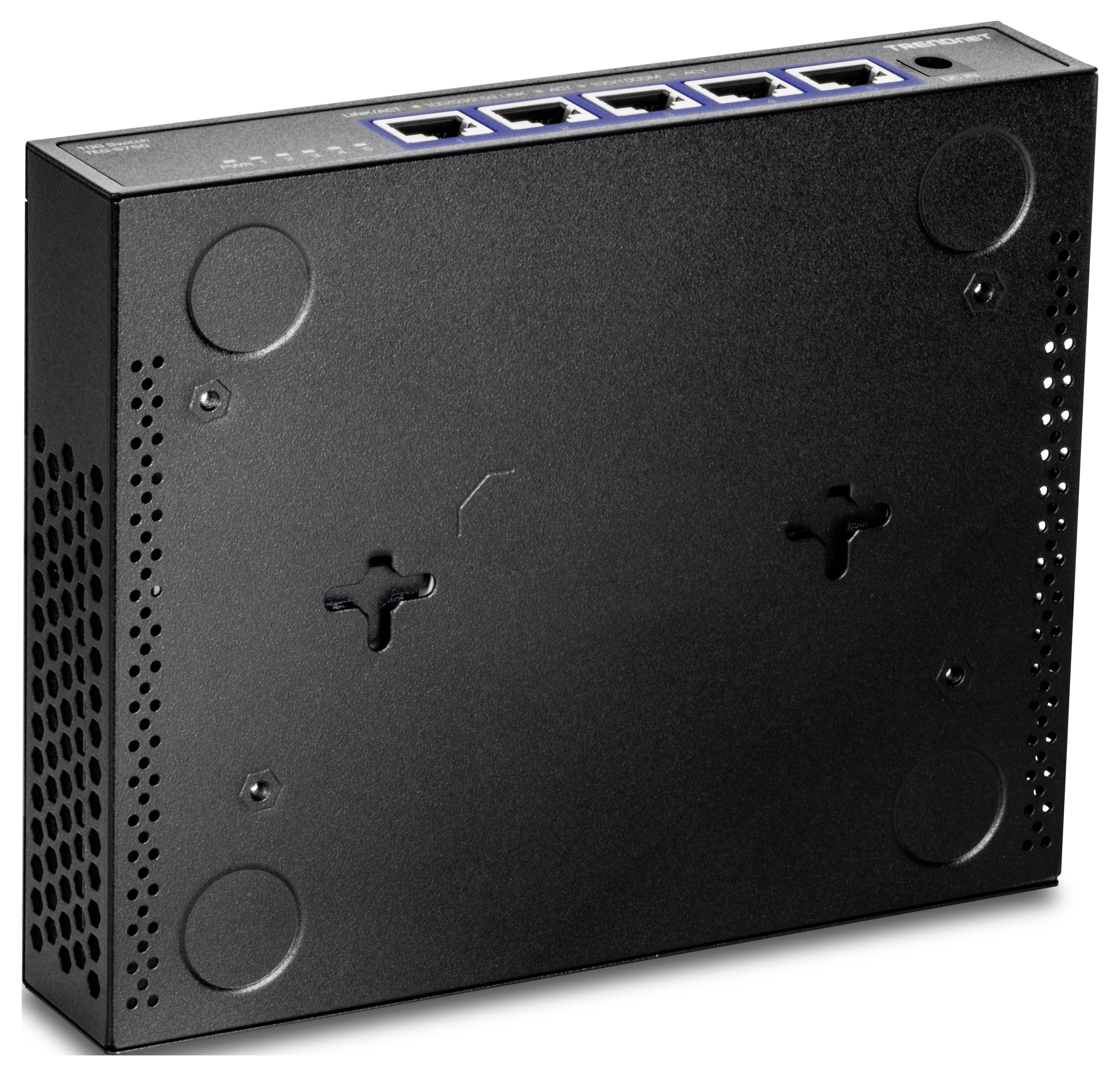 Een zwarte netwerkswitch met vier ethernet-aansluitingen en zichtbare ventilatiesleuven aan de zijkant.