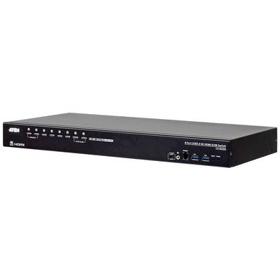 Een zwarte KVM-switch met meerdere aansluitingen en knoppen aan de voorkant, model ATEN CS1916, voor het beheren van meerdere computers.