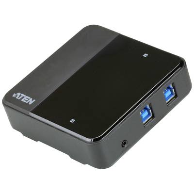 Een zwarte, vierkante elektronische doos met twee blauwe USB-poorten aan de voorkant en een LED-indicator op de bovenkant.