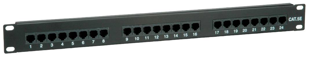 Patchpanel met 24 genummerde Ethernet-poorten voor netwerkbekabelbeheer. Model: CAT.5E.