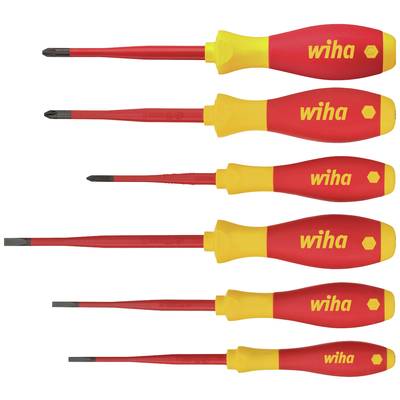 Zes schroevendraaiers met rode en gele handgrepen, allemaal voorzien van het opschrift 'wiha'. De koppen variëren in grootte en vorm.