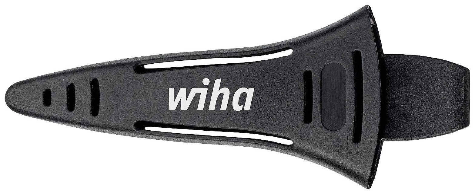 Zwarte kunststof kabelhouder met het logo 'wiha'. Geschikt voor het bevestigen en organiseren van kabels, slank ontwerp.