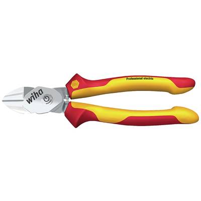 Zijaanzicht van een geïsoleerde, kabelbestendige zijkniptang van Wiha met rode en gele handgreep. Tekst 'Professional electric'.