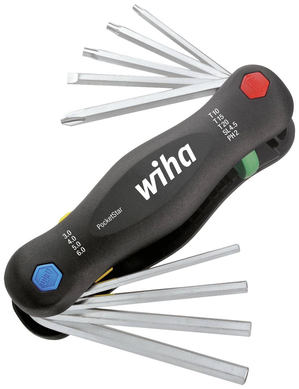 Een zwart multi-bit gereedschap met uitvouwbare schroevendraaier bits in verschillende formaten. De bits hebben gekleurde uiteinden.