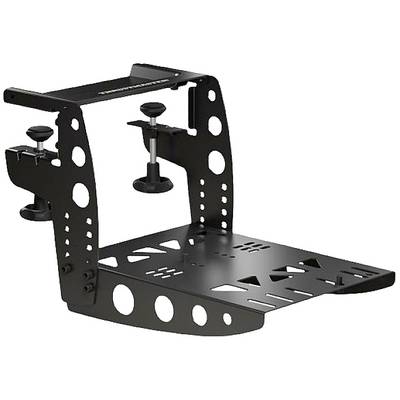 'Zwarte, in hoogte verstelbare tafelhouder voor stuurwielen en pedalen. Geschikt voor racesimulatoren, met stabiele metalen constructie.'