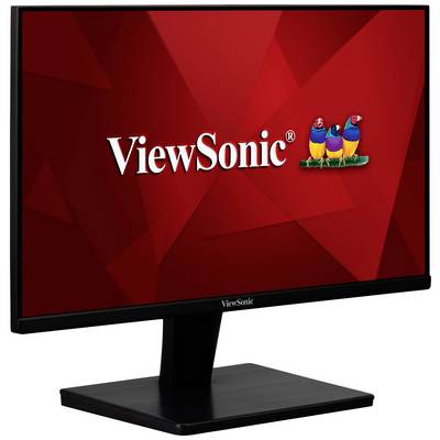 Een monitor van het merk ViewSonic met een rode achtergrond en het ViewSonic-logo in het midden van het scherm.
