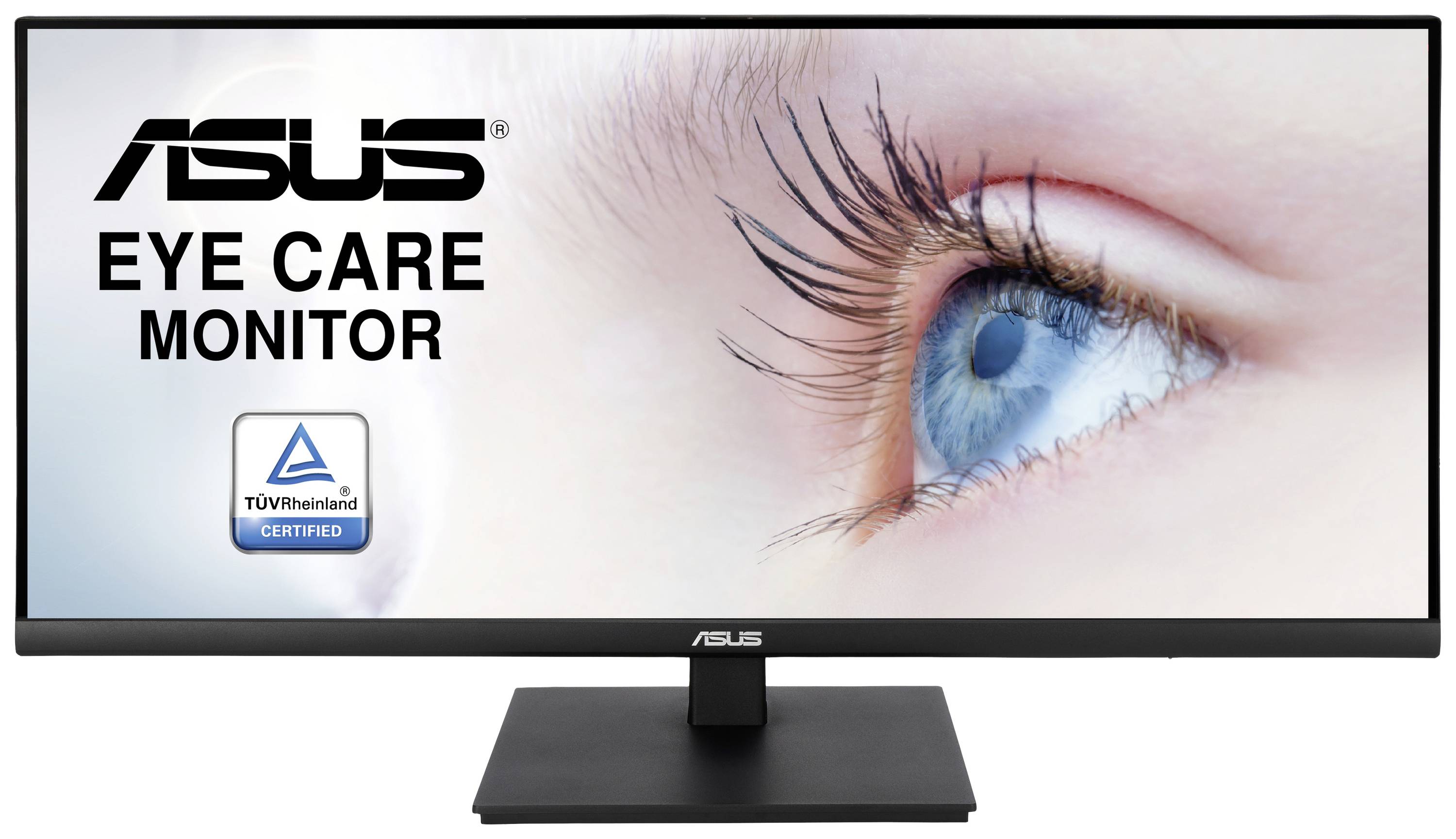 'ASUS Eye Care Monitor' met een oog op de achtergrond. TÜV Rheinland gecertificeerd.
