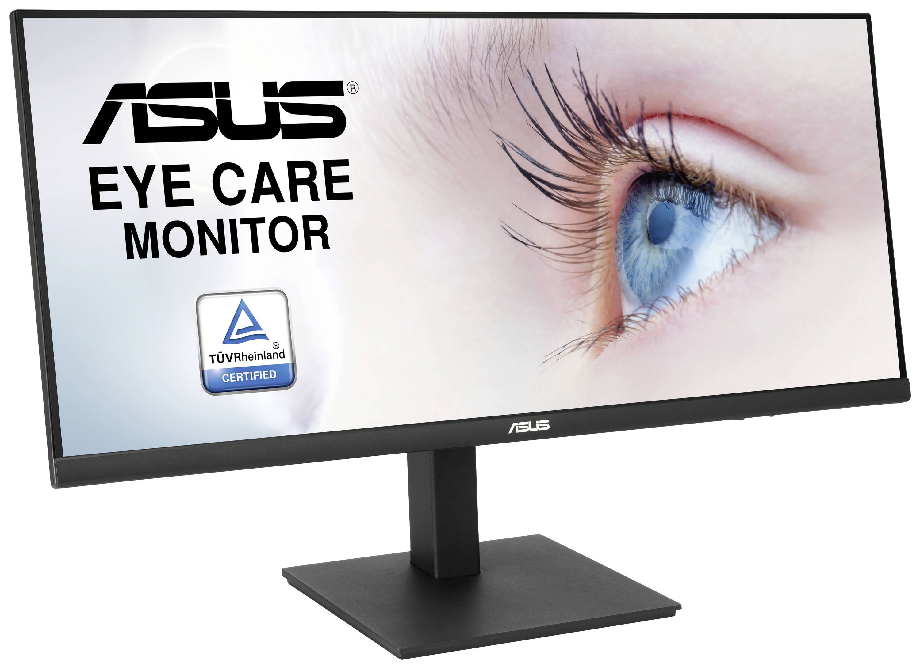 ASUS-monitor, aangeprezen als oogvriendelijk, met TÜV Rheinland-certificering. Toont een groot menselijk oog.