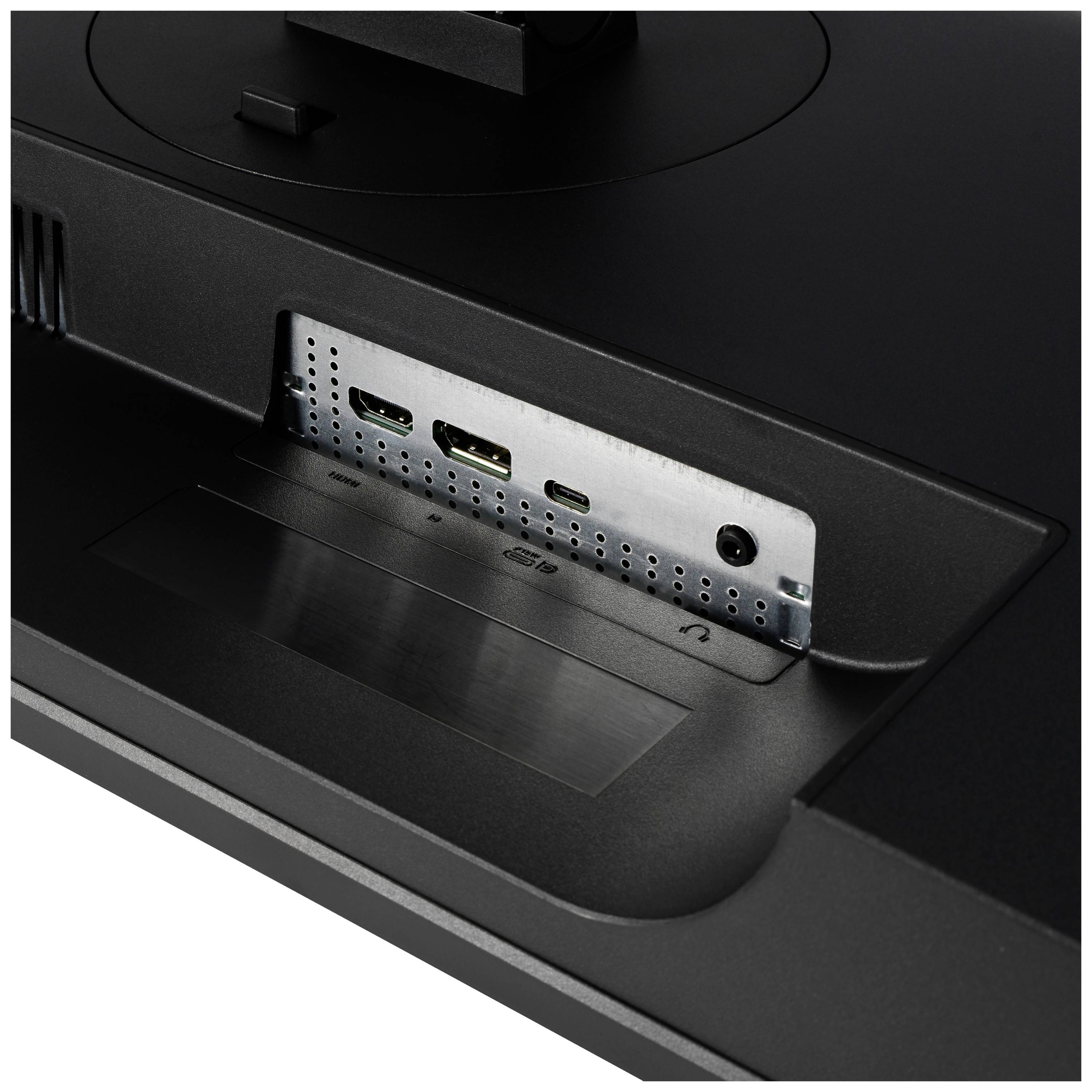 Achterkant van een monitor met aansluitingen: twee HDMI-poorten, een DisplayPort, een koptelefoonaansluiting.