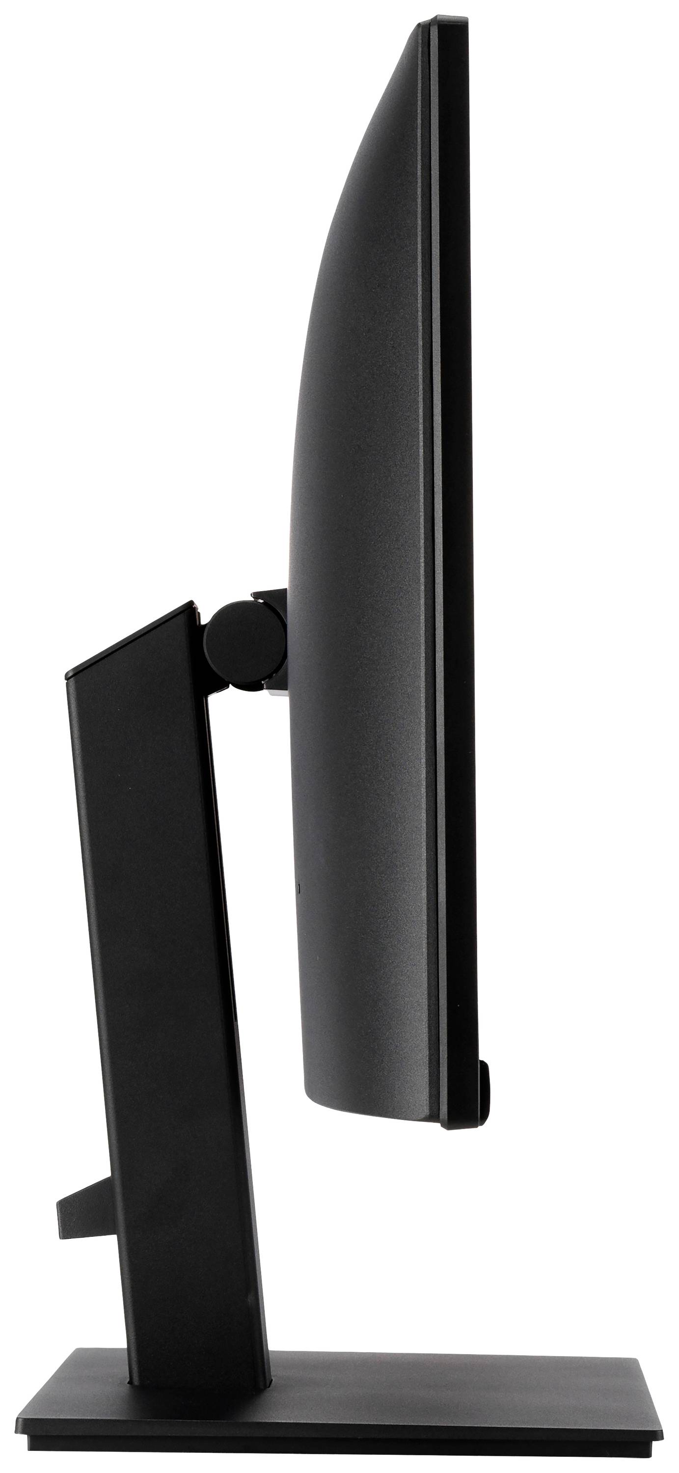 Zijaanzicht van een slanke, zwarte computermonitor met een rechthoekige voet. De monitor helt licht naar achteren.