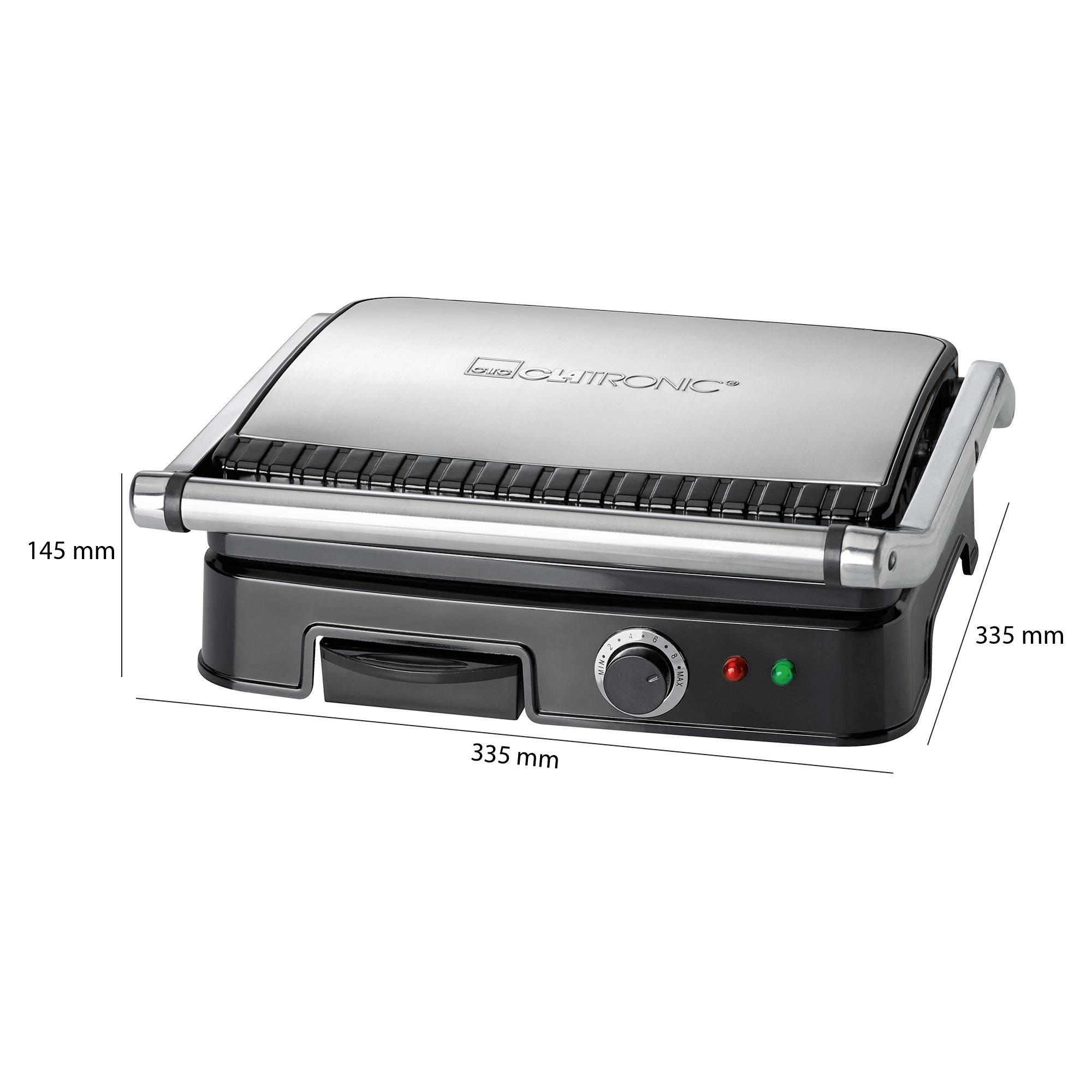 Elektrische contactgrill met behuizing van roestvrij staal, temperatuurregelaar en controlelampjes, afmetingen: 145 mm x 335 mm.