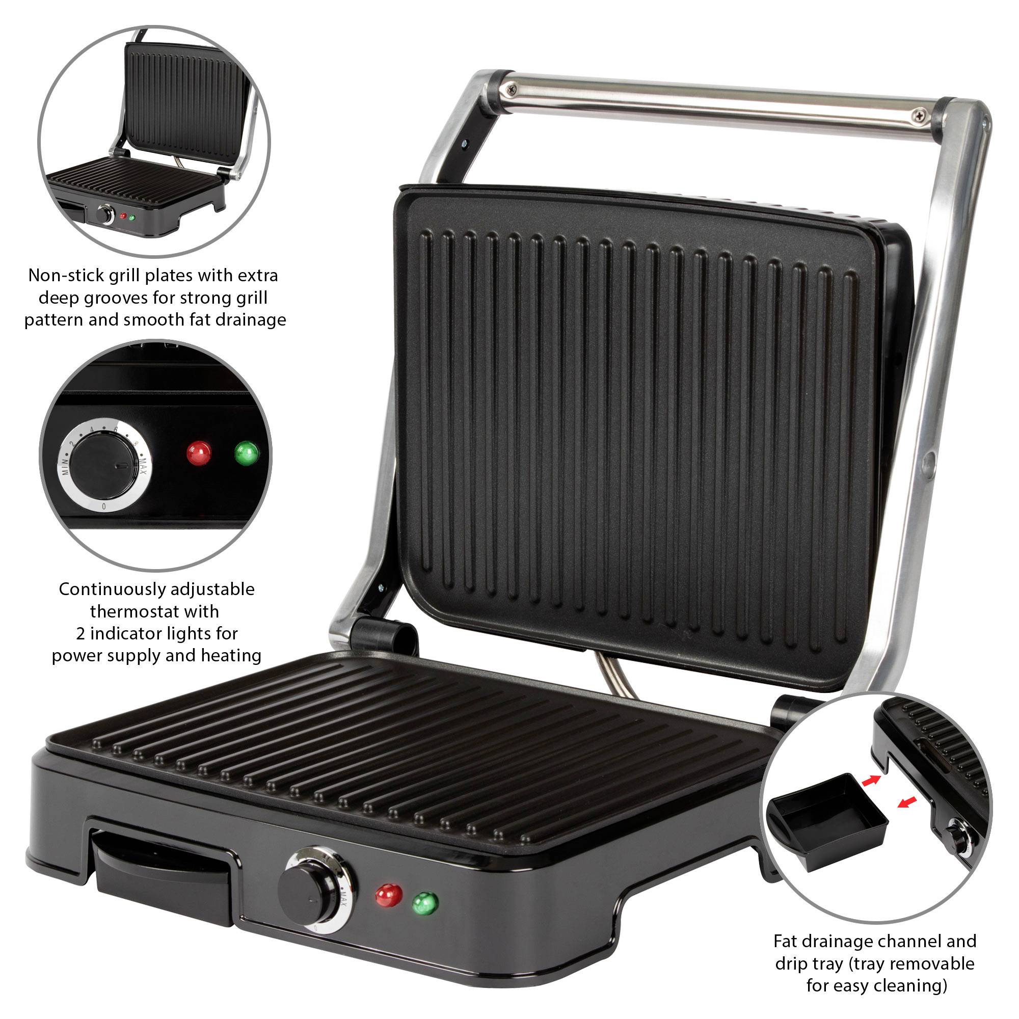 Een elektrische contactgrill met anti-aanbaklaag op de grillplaten, instelbare thermostaat en een vetopvangbak voor eenvoudige reiniging.