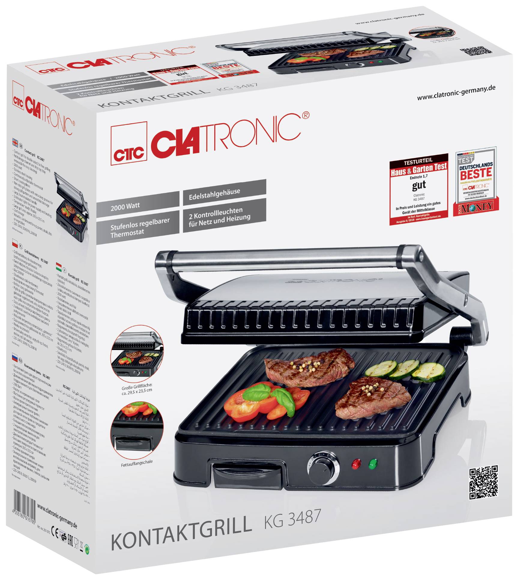 Verpakking van een Clatronic contactgrill KG 3487 toont het apparaat met gegrild vlees en groenten, vermogensdetails en onderscheidingen.