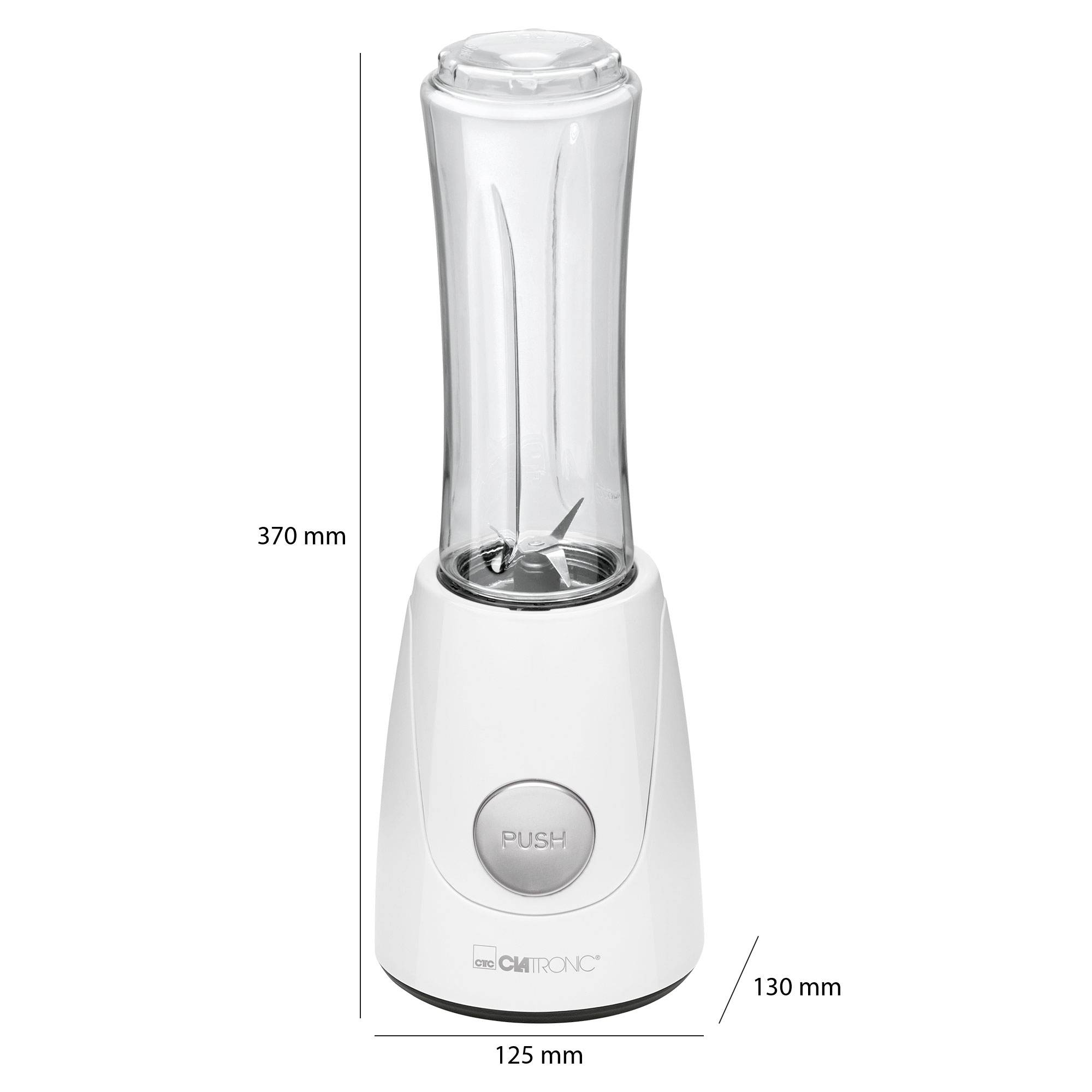 Een staande blender met een afneembare mengbeker in het wit. Markering aan de voorkant: 'PUSH'. Hoogte: 370 mm, breedte: 130 mm, diepte: 125 mm.
