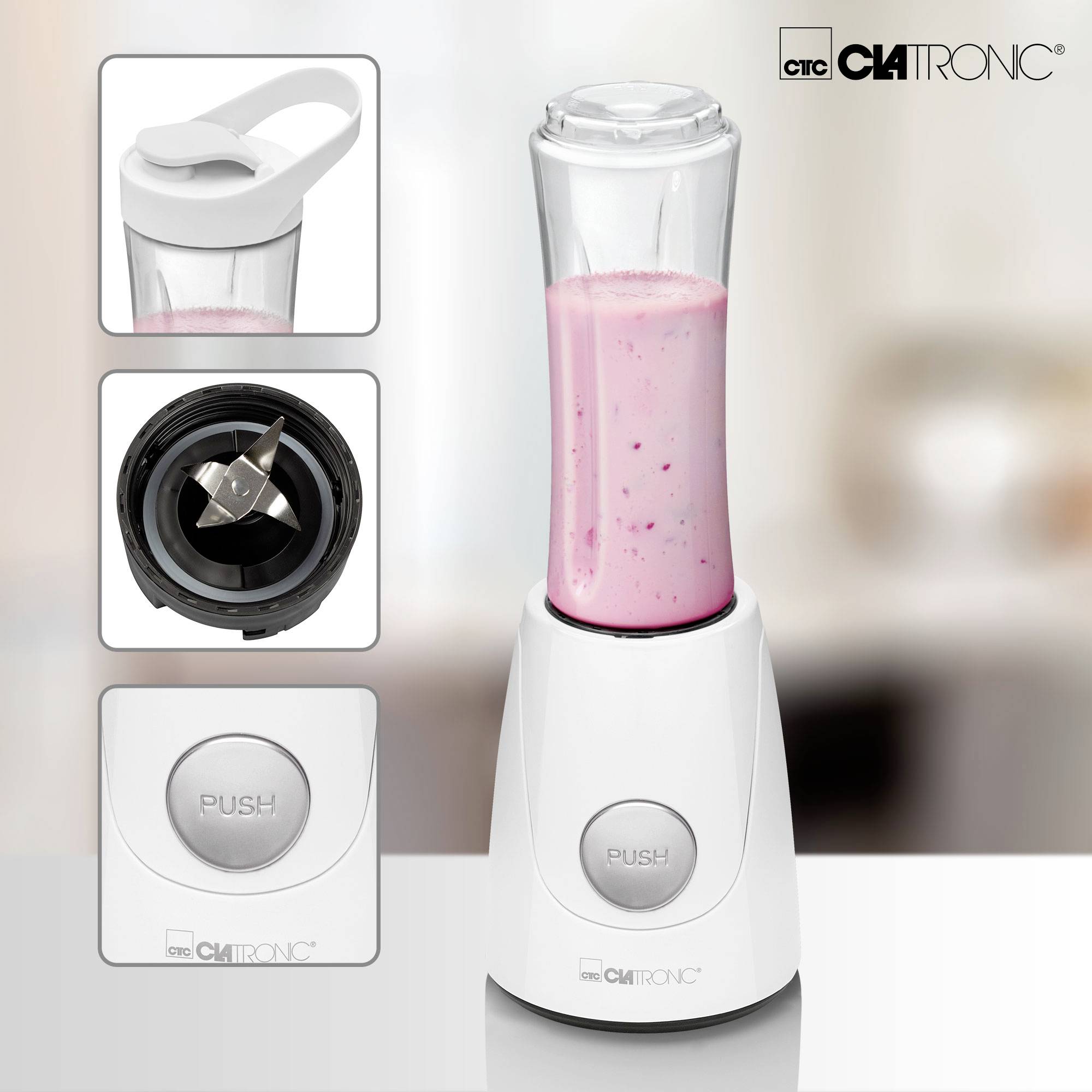 Een witte blender met een roze smoothie. Linksboven: Handgreep van de beker. Links in het midden: Mes. Linksonder: 'PUSH' knop.