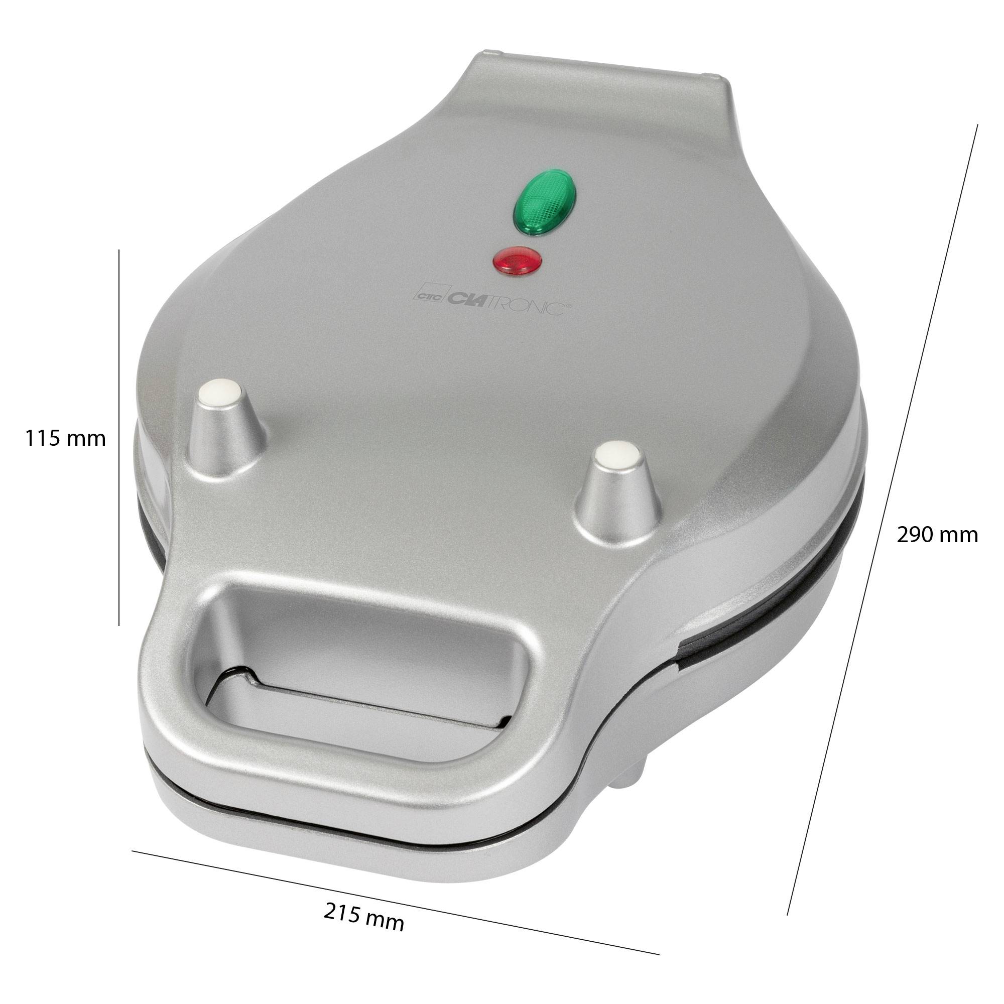 Zilveren wafelijzer met controlelampjes, gesloten. Afmetingen: 290 mm lang, 215 mm breed, 115 mm hoog.