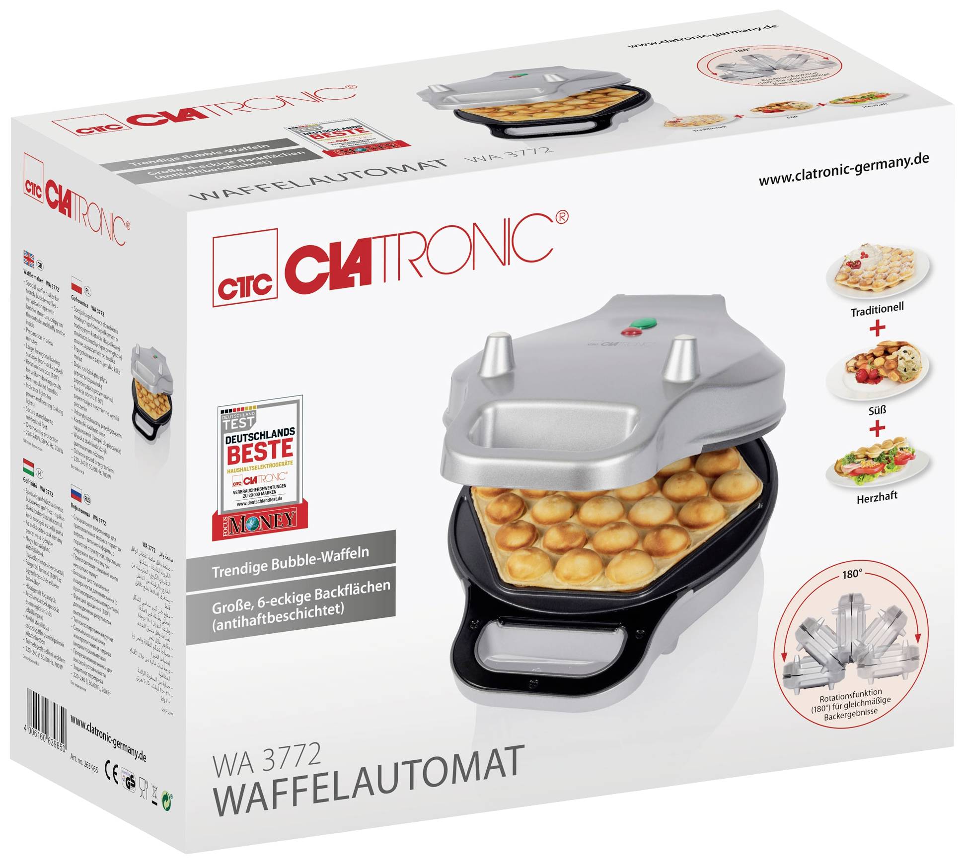 Verpakking van een Clatronic wafelijzer met afbeelding van het apparaat en bubbel-wafels. Verkoopargumenten en testlogo's zijn zichtbaar.