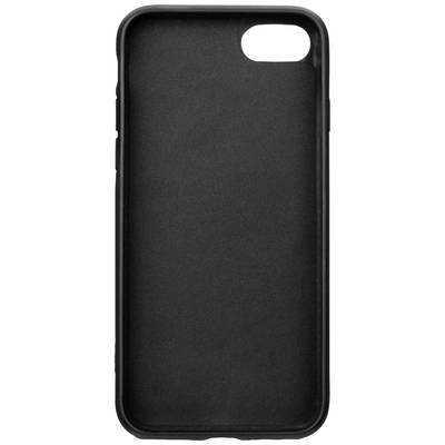 Een zwarte telefoonhoes voor een smartphone, verticaal georiënteerd, met een uitsparing voor de camera rechtsboven.
