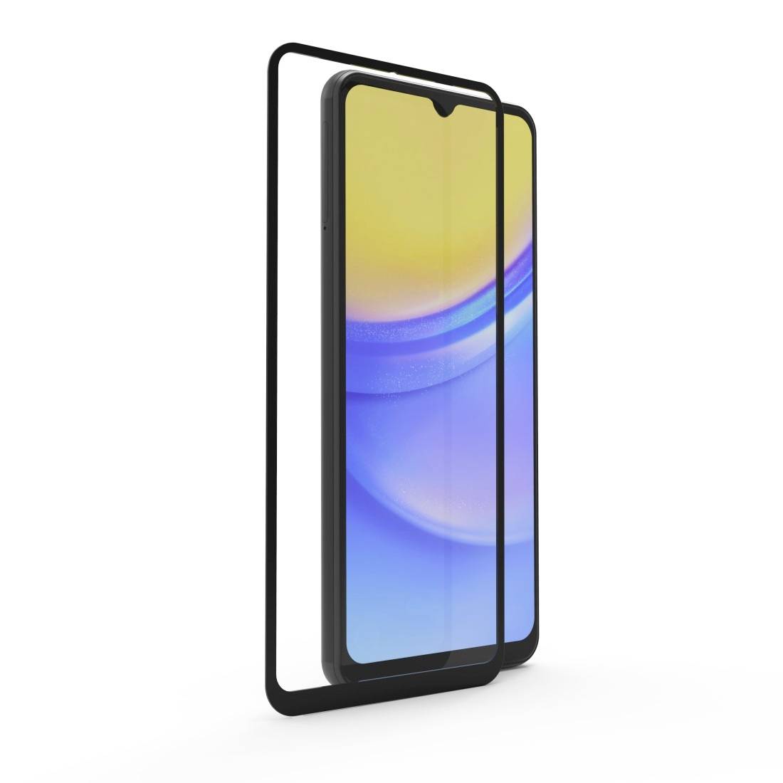 Smartphone met een blauw-geel scherm, waarop een transparante schermbeschermer ligt.