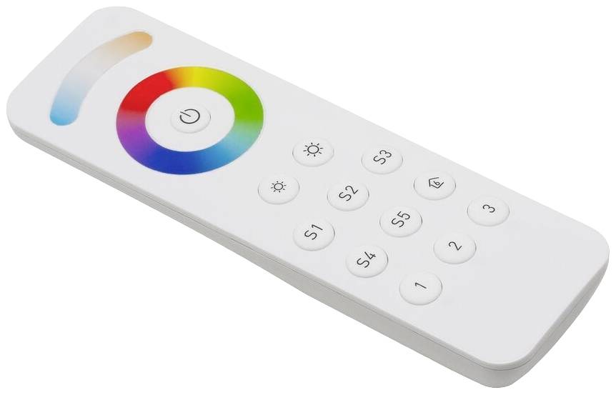 Afstandsbediening met kleurencirkel, aan-/uitschakelaar en genummerde toetsen; gebruikt voor het bedienen van LED-verlichting.