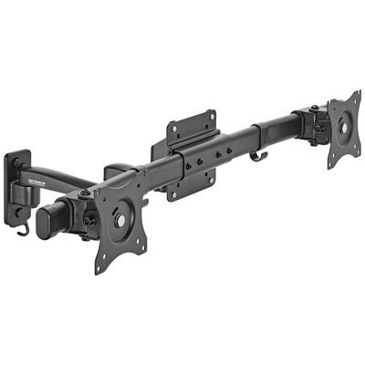 Kantelbare, verstelbare monitorhouder voor wandmontage met ruimte voor twee monitors, geschikt voor kantooromgevingen.