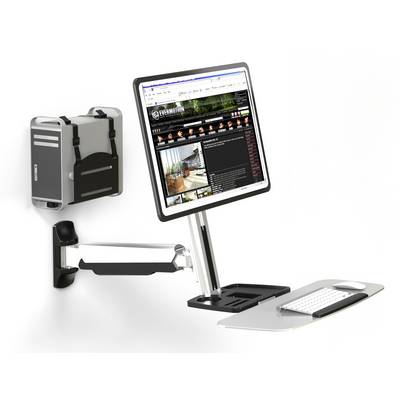 Een aan een wandarm bevestigde computermonitor toont een webpagina, daaronder een toetsenbordsteun met toetsenbord en muis, naast een aan de muur gemonteerde computerkast.