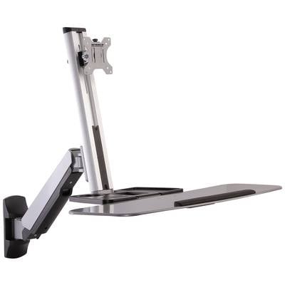 Monitorstandaard met verstelbare arm en toetsenbordlade voor wandmontage. Geschikt voor ergonomische werkplekindrichting.