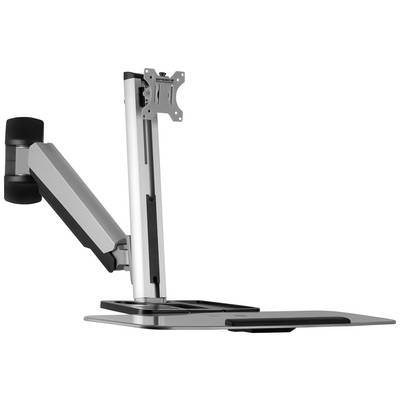 Een in hoogte verstelbare monitorarm met standaard en bevestiging voor ergonomische werkplekindrichting.