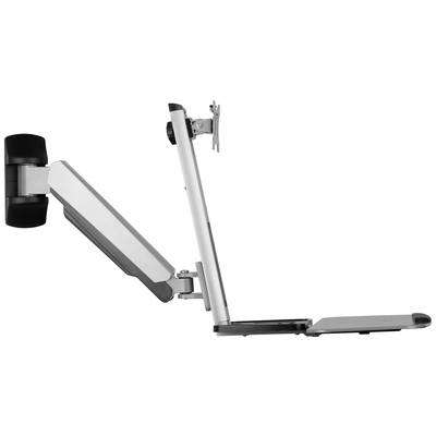 Een zilveren, verstelbare monitorarm met een bevestiging toont zijn zijaanzicht. Hij is bedoeld als ergonomische kantooraccessoire.