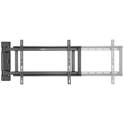 Zwarte, verstelbare tv-wandbeugel met zwenkarm. Links is de arm ingeklapt, rechts uitgeschoven.