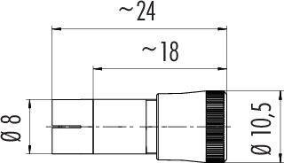 Technische tekening van een cilindrisch onderdeel: totale lengte ca. 24 mm, diameter 8 mm; extra segment met ca. 18 mm lengte, diameter 10,5 mm.