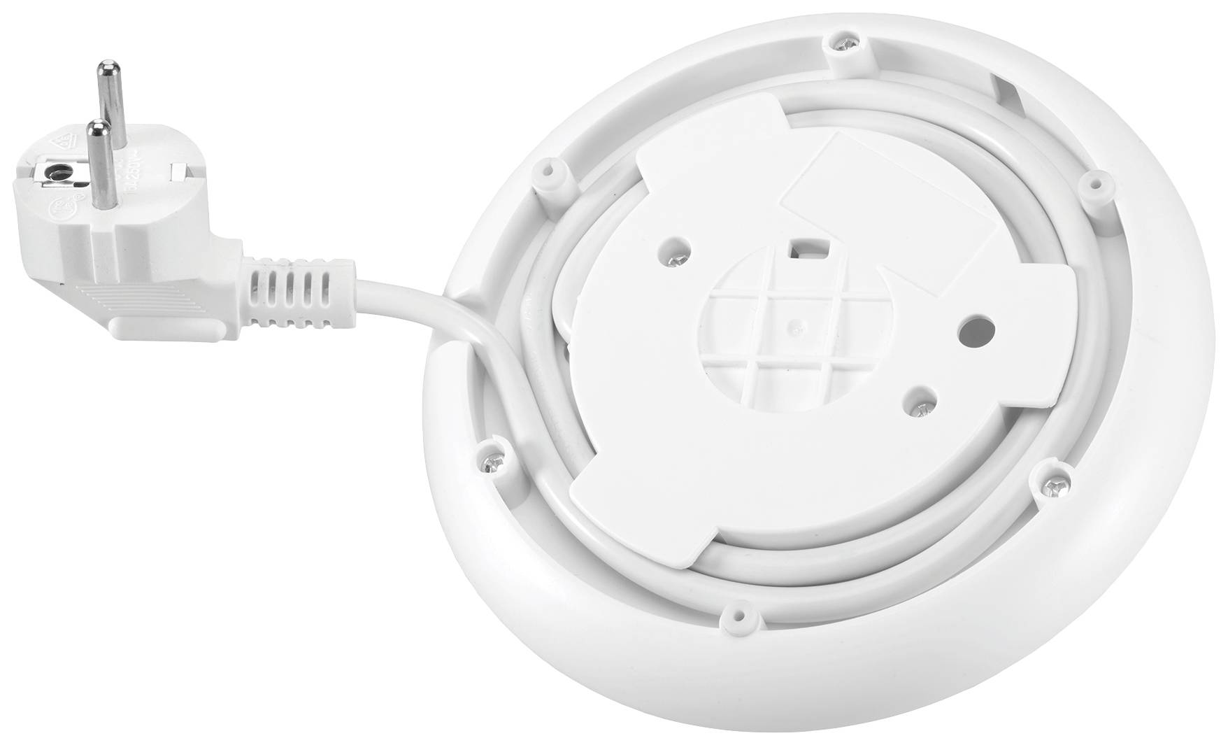Wit, rond elektrisch apparaat met een kabel en een stekker. De kabel is om het apparaat gewikkeld.