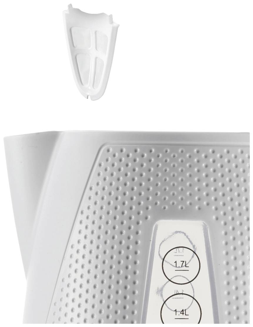 Een afbeelding van een witte waterkoker met een verwijderbaar kalkfilter. De waterkoker heeft markeringen voor 1,7 l en 1,4 l waterstanden.