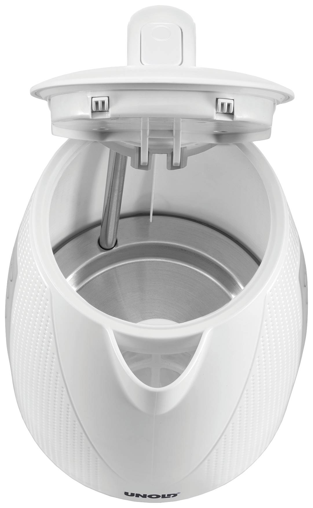 Witte elektrische waterkoker van bovenaf, met deksel verwijderd, toont het binnenste met verwarmingselement.