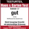 'Testuitslag goed, cijfer 1,7' voor Unold wafelijzer Zaubernuss in het magazine 'Haus & Garten Test', editie 1/2017. Bakt knapperige Oreschki.