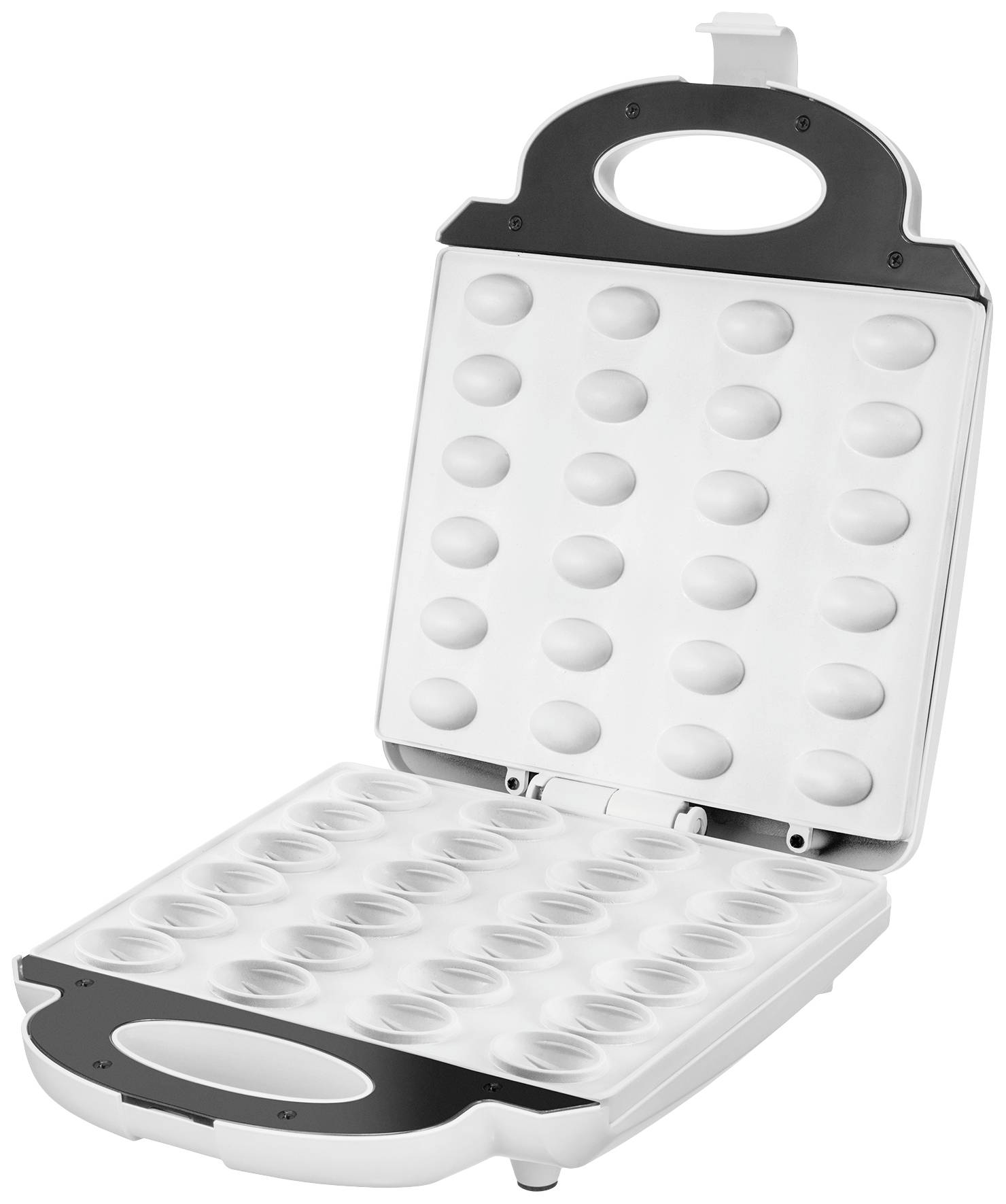 Een geopende Cake-Pop-Maker met twee platen, elk met twaalf ronde holtes voor het bereiden van bolvormen.