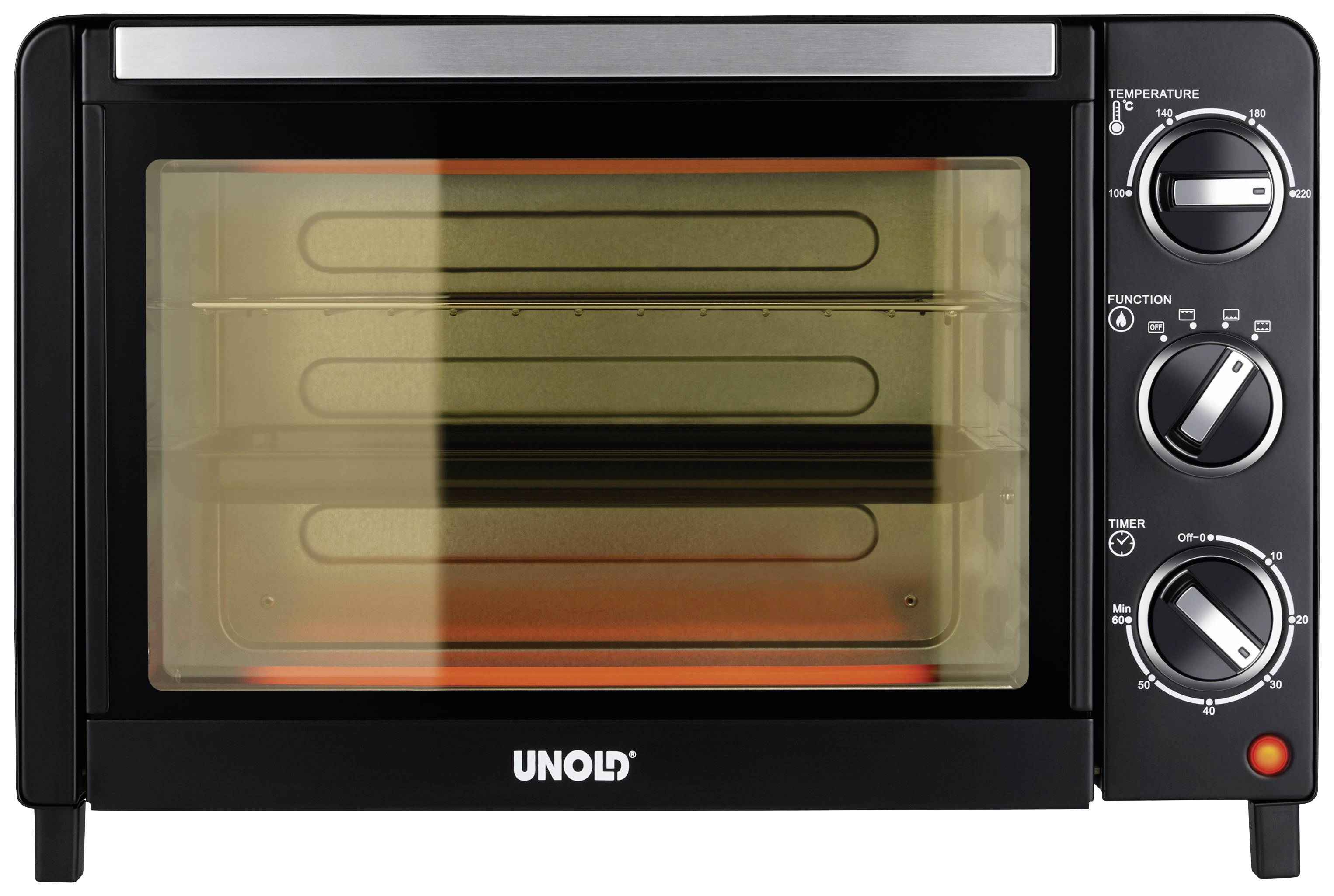 Een zwarte mini-oven met glazen voorpaneel met twee draaiknoppen aan de rechterkant voor temperatuurinstelling, functie en timer.