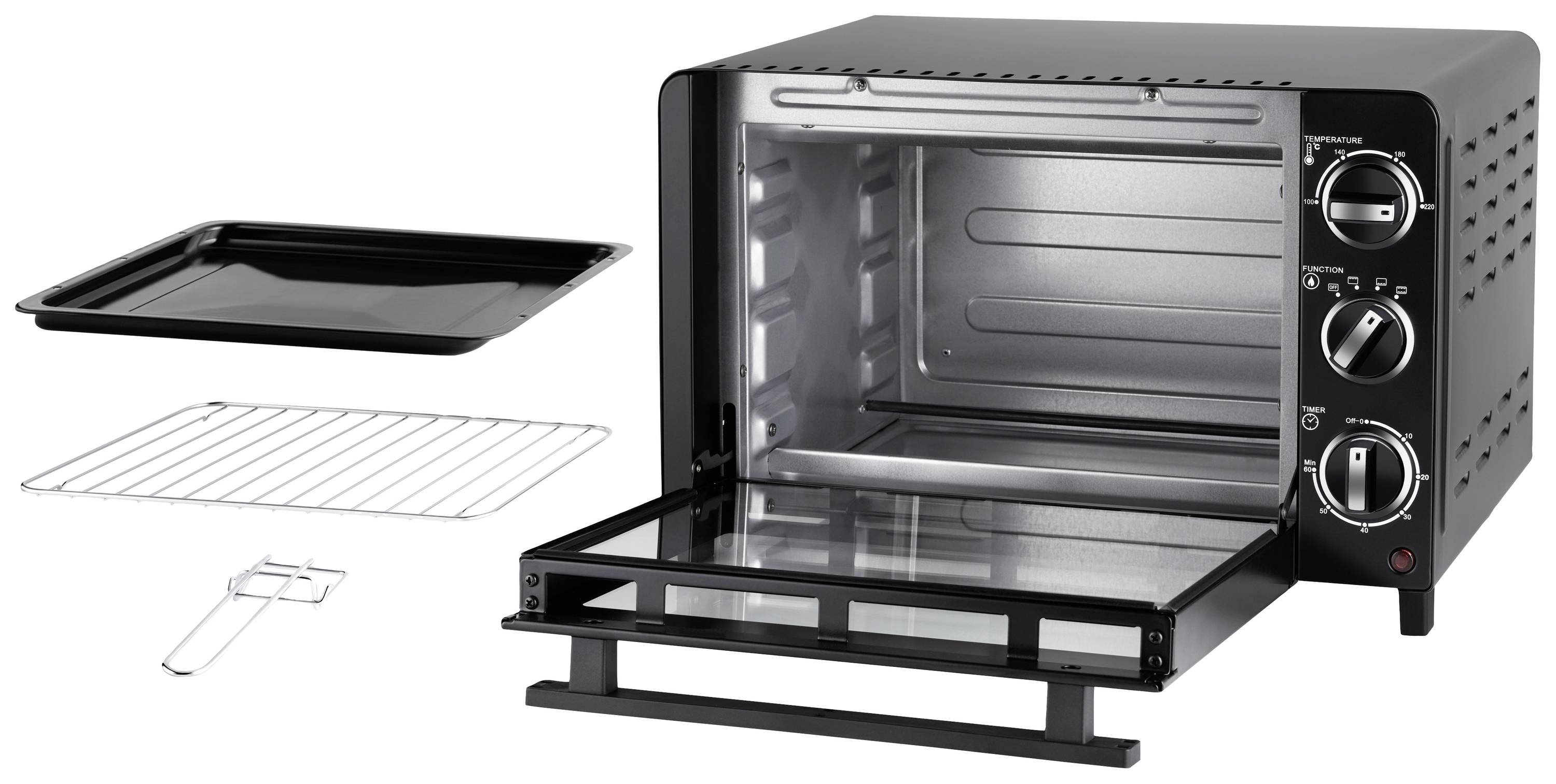 Een zwarte mini-oven met geopende deur, uitneembaar rooster, bakplaat en gereedschap. Perfect voor kleine keukens.
