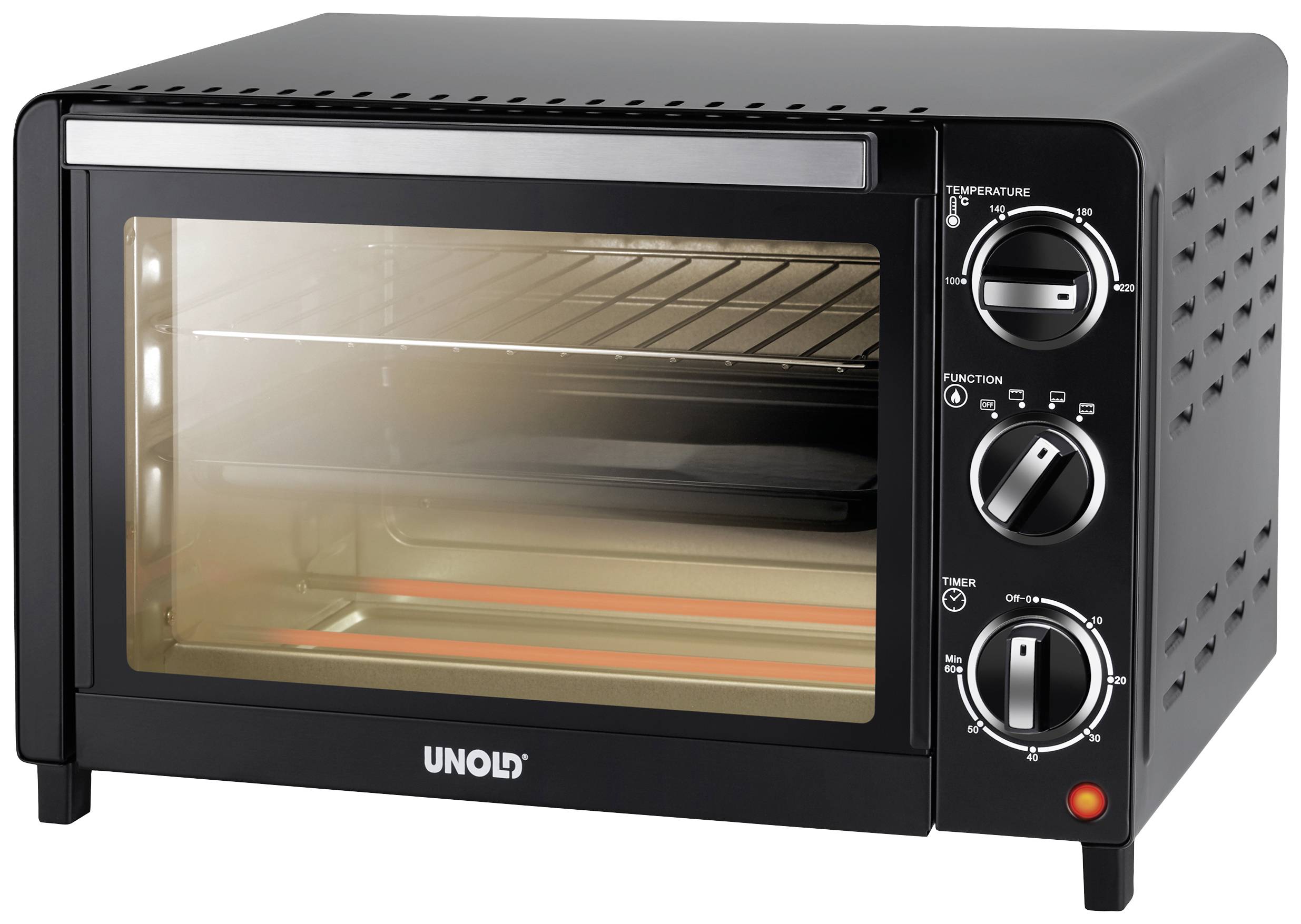 Een zwarte mini-oven met temperatuur- en functieregeling aan de zijkant, licht geopend en klaar voor gebruik.