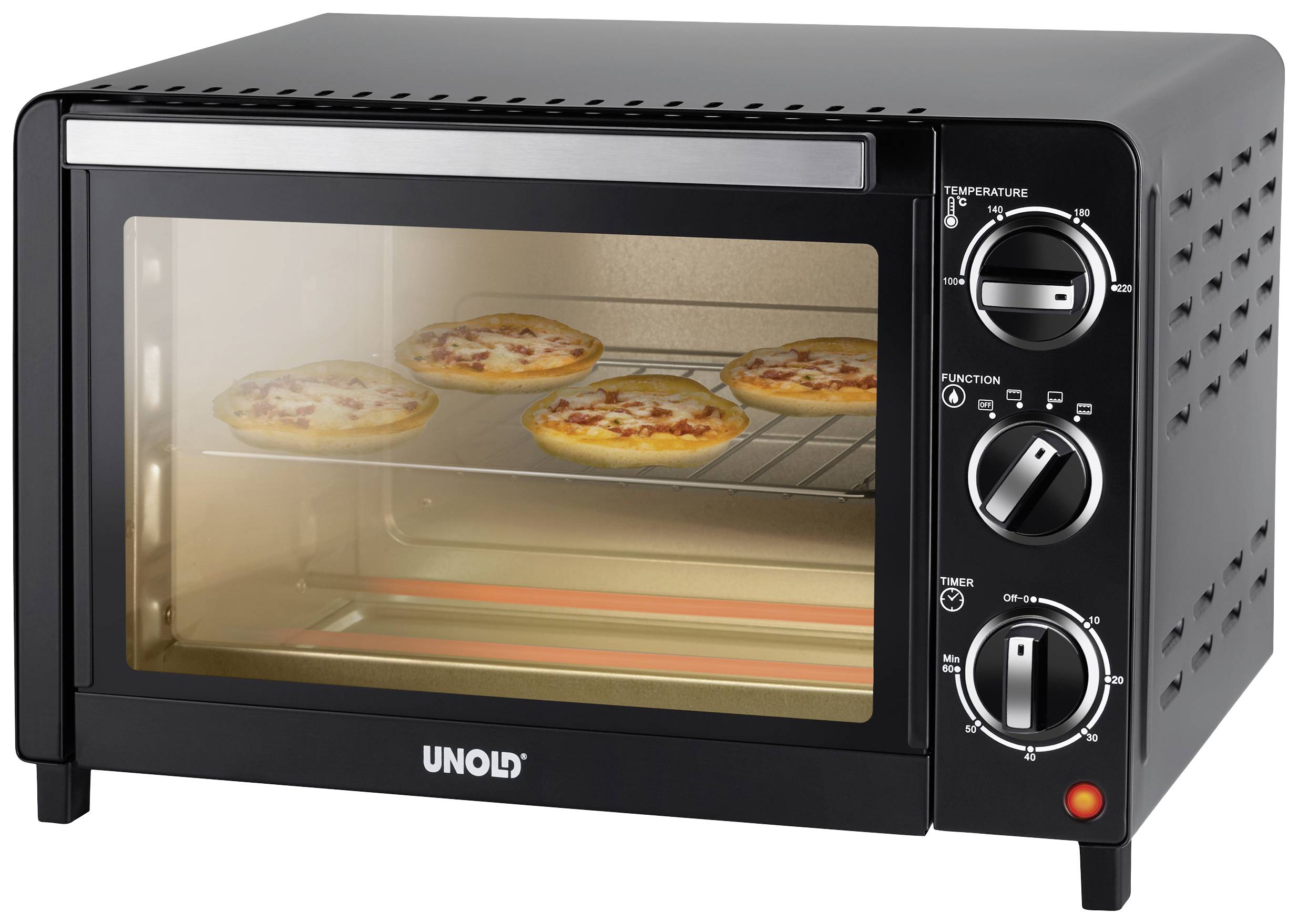 Een kleine zwarte oven met pizza's op een rooster. Drie draaiknoppen aan de zijkant: temperatuur, functie, timer.