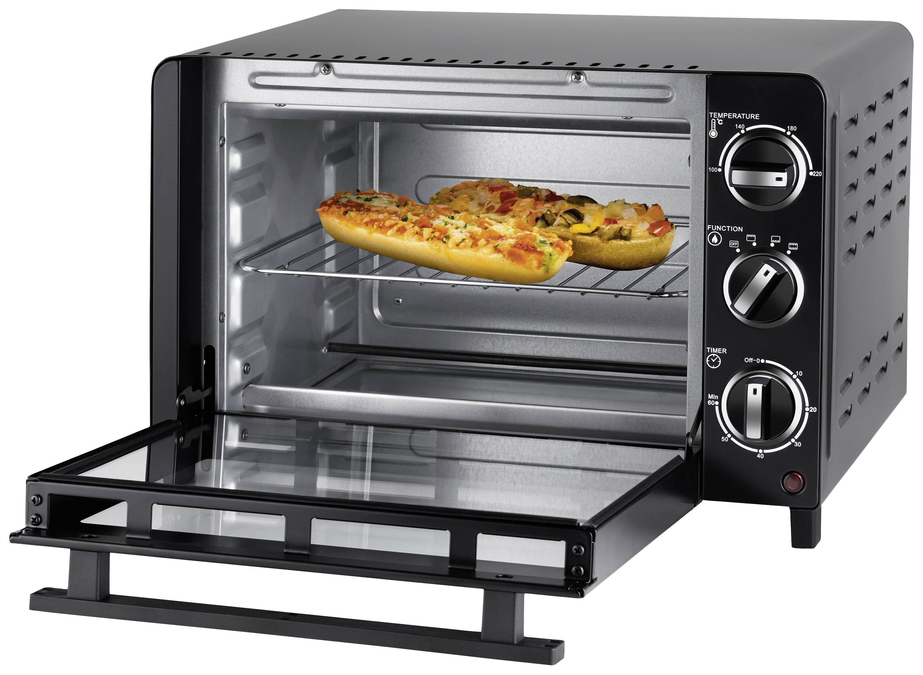 Een geopende mini-oven met twee pizza's op het rooster, temperatuur- en tijdinstellingen aan de rechterkant.