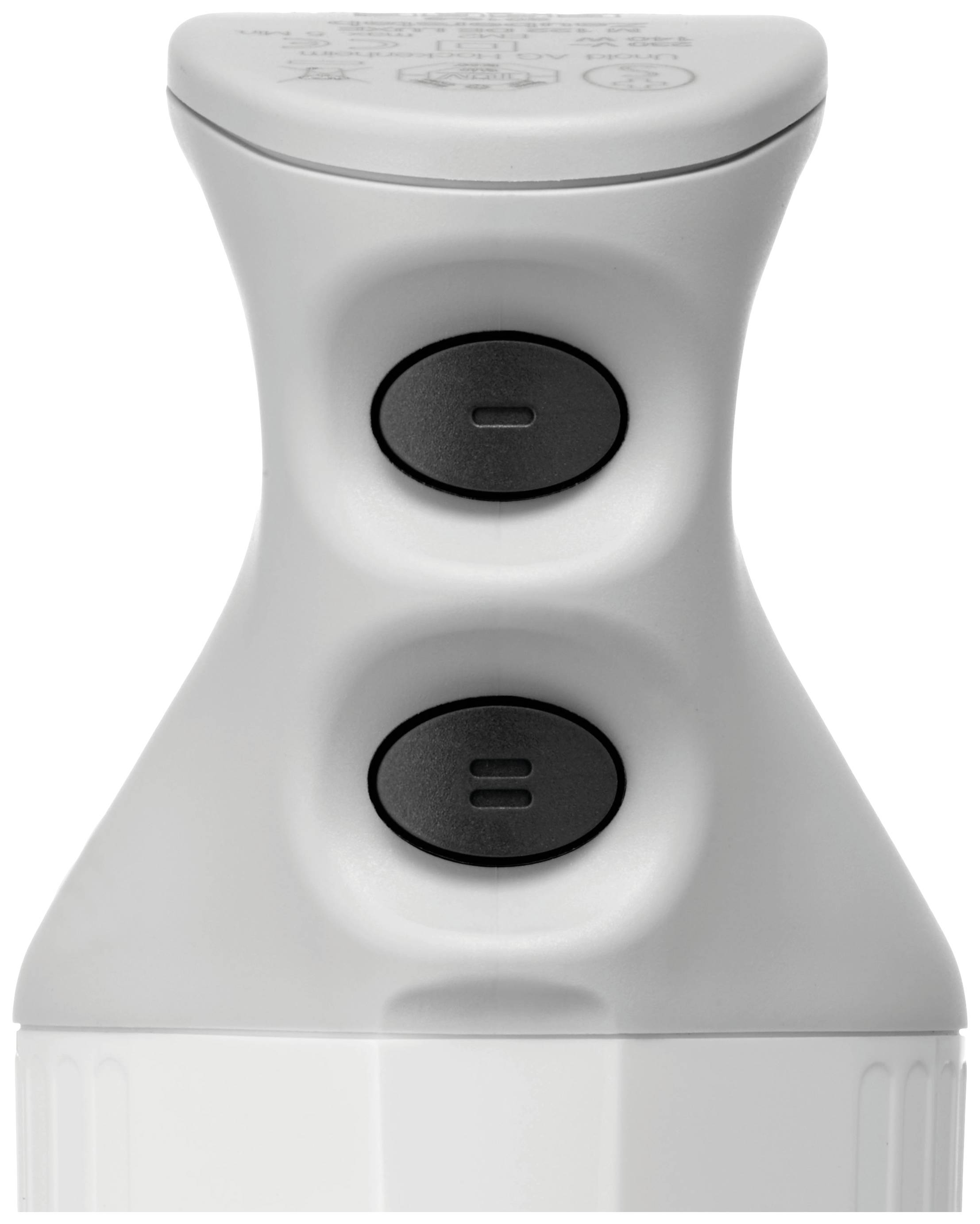 Een witte elektroapparaatgreep met twee zwarte knoppen boven elkaar.