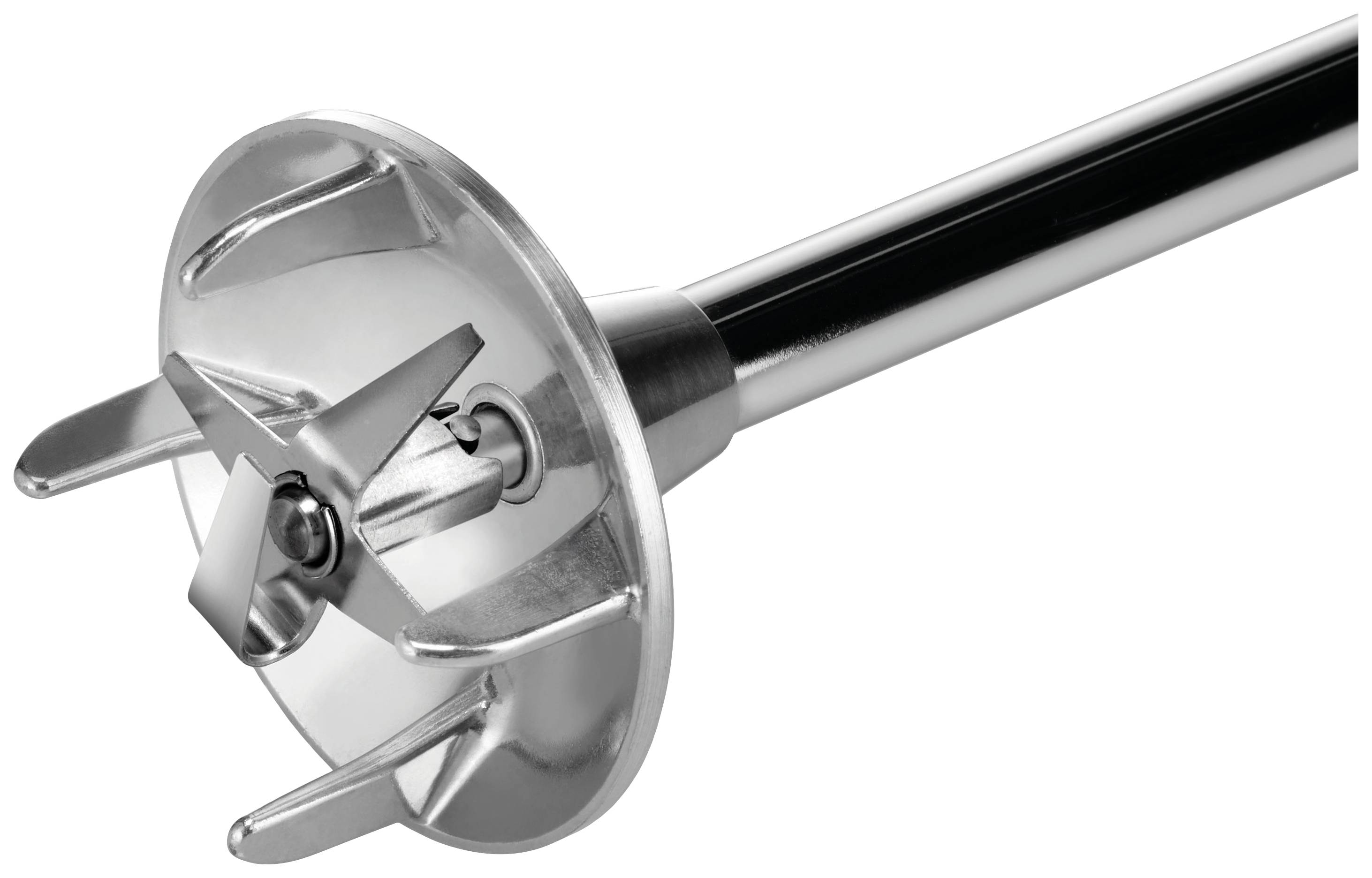 Metalen mixerstaaf met vier scherpe messen en een lange handgreep, geschikt voor het pureren of mengen van ingrediënten.