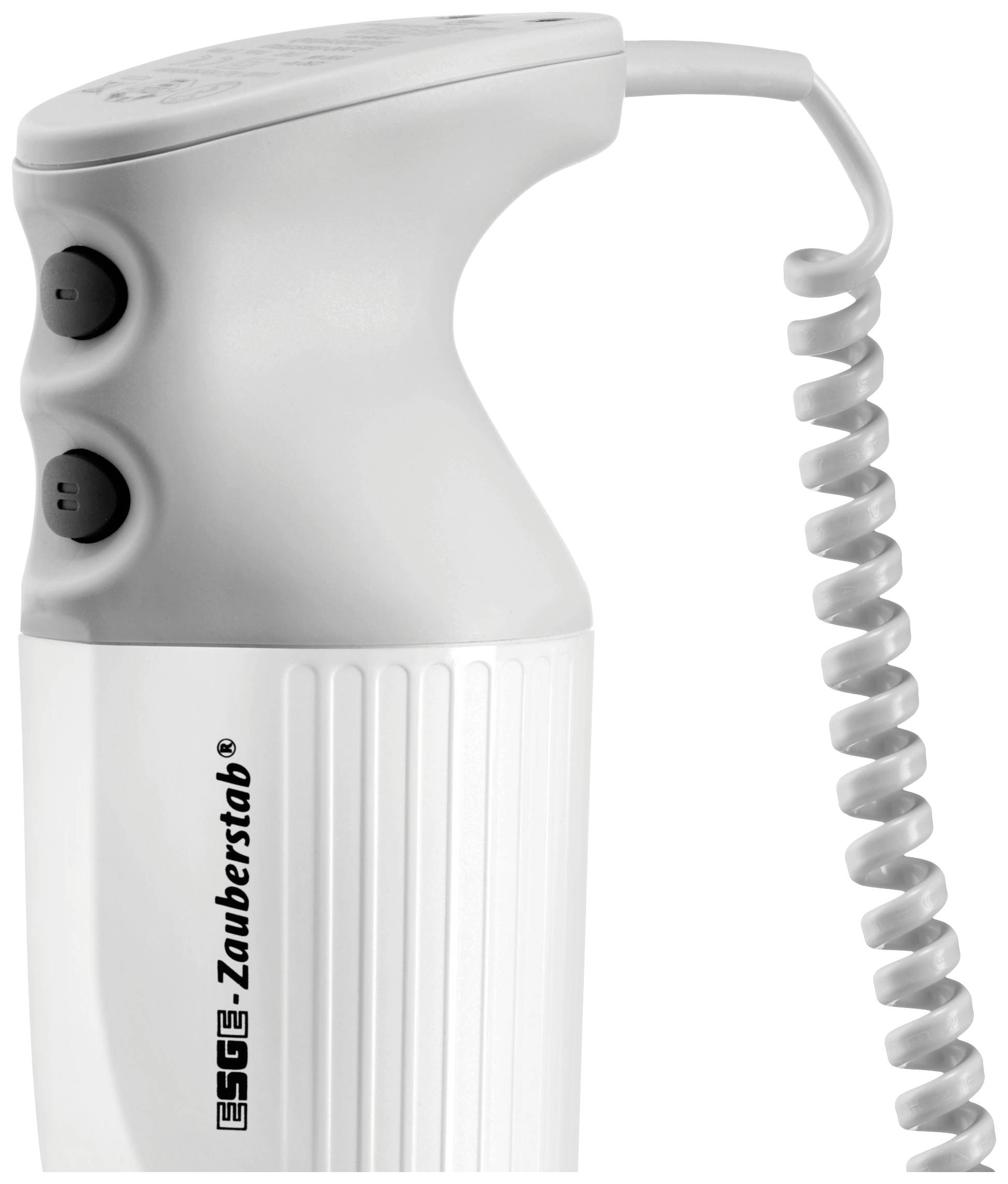 Een staafmixer met toverstafdesign, voorzien van een ergonomische handgreep en spiraalvormig snoer, met twee toetsen voor verschillende snelheden.