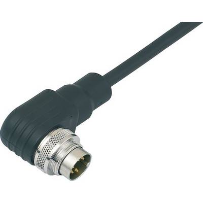 Zwart kabel met een metalen stekker aan een uiteinde van 90 graden, geschikt voor industriële of elektronische verbindingen.