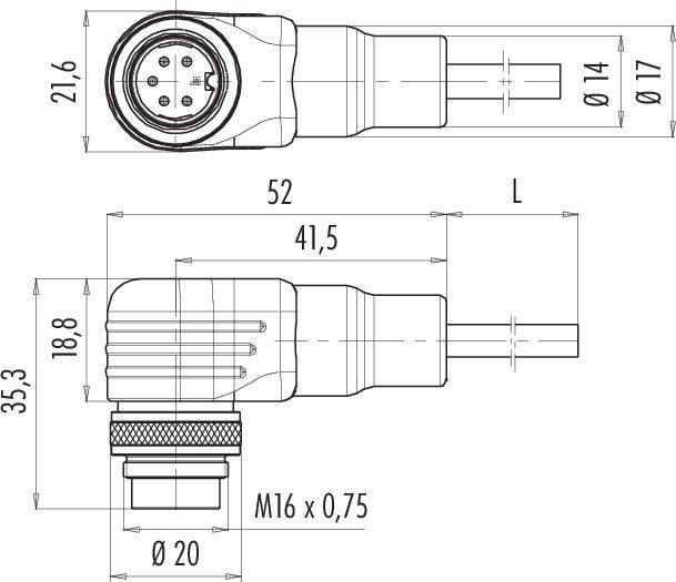 Technische tekening van een 90-graden hoekstekker, afmetingen zijn 21,6 mm × 35,3 mm met M16 x 0,75 schroefdraad, toont verbindingselement.