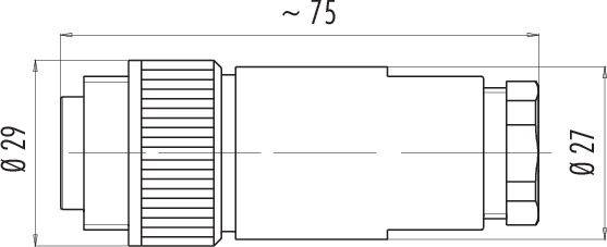 Technische tekening van een cilindrisch onderdeel. Afmetingen: lengte ongeveer 75 mm, diameter links 29 mm, rechts 27 mm.