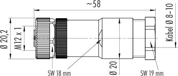 Technische tekening van een cilindrische stekkerverbinding. Afmetingen: lengte ca. 58 mm, diameter 20 mm, kabeldoorsnede 8-10 mm, schroefdraad M12 x 1.